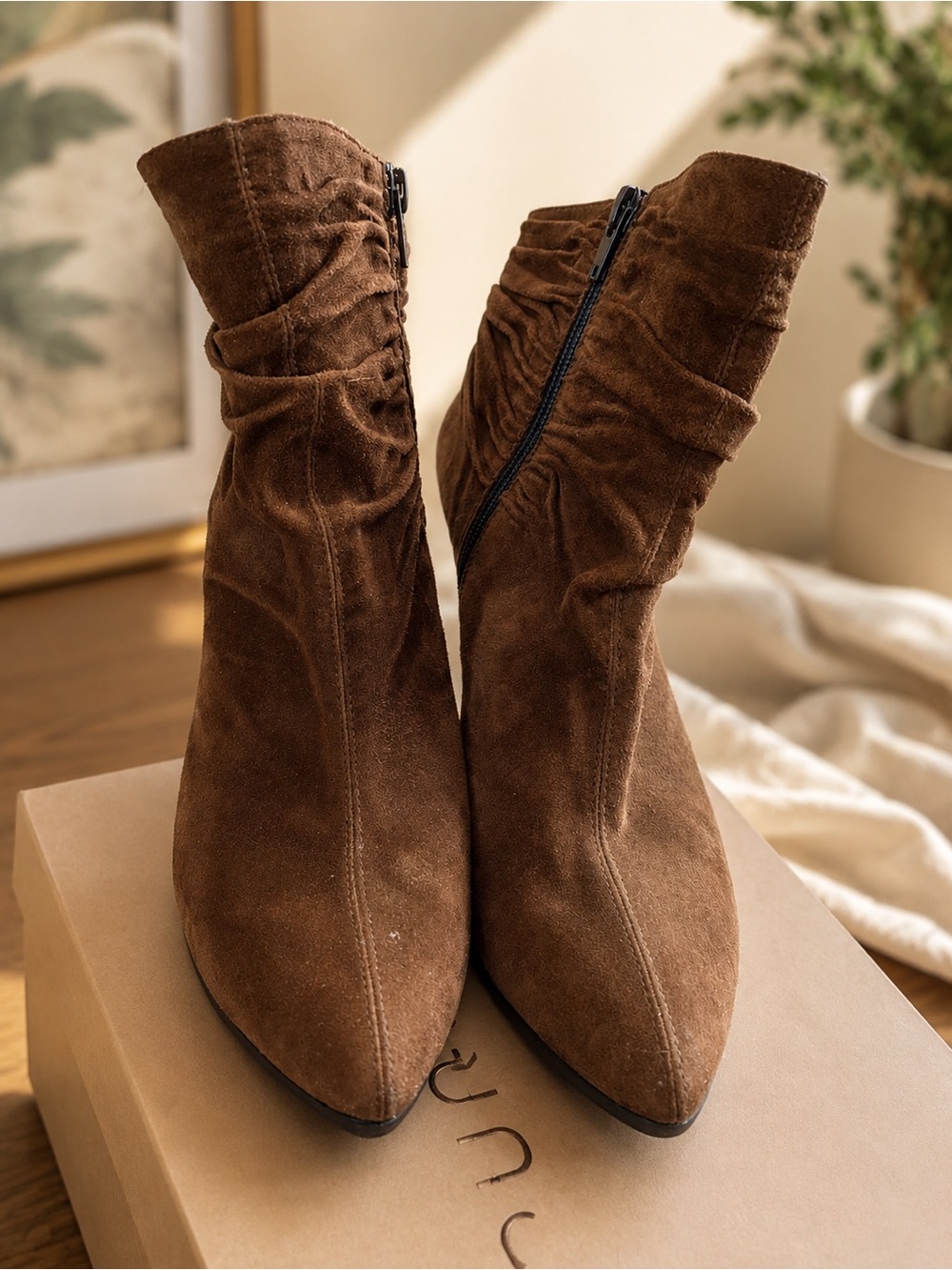 Pura Lopez Cognac Suede Ruched Ankle Booties - Picture 4 of 5